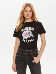 Guess T-Shirt Peony V4YI15 J1314 Czarny Regular Fit. Czarne t-shirty damskie Guess, xs, z aplikacjami, z bawełny, bez kołnierzyka. Za 169.99 zł.