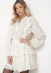 Jasnobeżowa Rozkloszowana Sukienka Ozdobiona Falbankami z Gumką w Pasie Zinaviya. Brązowe sukienki damskie Born2be, bez wzorów, eleganckie, bez ramiączek. W wyprzedaży za 135.99 zł.