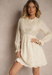 Beżowa Rozkloszowana Sukienka w Rustykalnym Stylu Zdobiona Haftem Iffesa. Brązowe sukienki damskie Renee, z aplikacjami, eleganckie, bez ramiączek. W wyprzedaży za 119.99 zł.