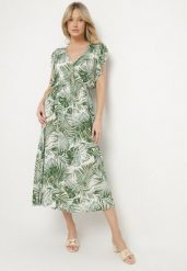 Zielona Rozkloszowana Sukienka we Florystyczny Print z Bawełny Lanioreta. Zielone sukienki damskie Born2be, bez wzorów, z bawełny, bez ramiączek. Za 69.99 zł.