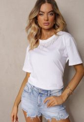Biały T-shirt z Bawełny z Krótkim Rękawem i Ozdobnymi Cyrkoniami przy Dekolcie Vilefia. Białe t-shirty damskie Renee, l, bez wzorów, z bawełny, bez kołnierzyka. Za 29.99 zł.