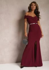 Bordowa Taliowana Sukienka Maxi z Rozcięciem Perlina. Czerwone sukienki damskie Renee, bez wzorów, eleganckie, bez ramiączek. W wyprzedaży za 125.99 zł.