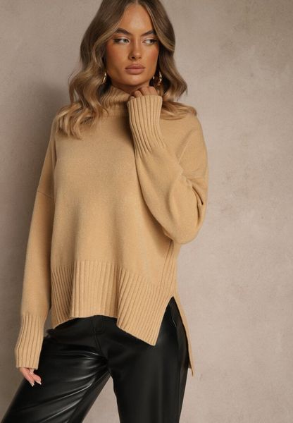 Beżowy Gładki Golf Casual Ralloria. Brązowe golfy damskie Renee, bez wzorów, z jeansu, bez ramiączek. Za 69.99 zł.