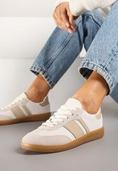 Beżowe Sneakersy na Kauczukowej Podeszwie Ozdobione Paskami Emidi. Brązowe obuwie sportowe damskie Renee, z jeansu, bez zapięcia. Za 74.99 zł.