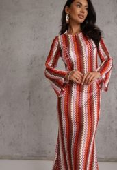 Bordowa Sukienka Dopasowana w Stylu Boho z Plecionego Materiału w Paski Nasehle. Czerwone sukienki damskie Renee, bez wzorów, z materiału, boho, bez ramiączek. Za 149.99 zł.