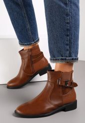 Brązowe Botki z Paskami i Sprzączkami Ninnie. Brązowe botki damskie Renee, z jeansu, bez obcasa, na obcasie, bez zapięcia. Za 119.99 zł.