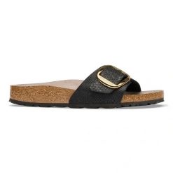 Birkenstock Madrid BB SYN Python Black Klapki damskie. Czarne klapki damskie Birkenstock, bez wzorów, z jeansu, bez obcasa, bez zapięcia. Za 399.99 zł.
