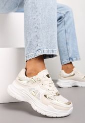 Beżowe Sneakersy na Tłoczonej Podeszwie z Ozdobnymi Wstawkami Lanevi. Brązowe obuwie sportowe damskie Renee, bez zapięcia. Za 99.99 zł.