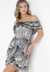 Czarna Rozkloszowana Sukienka Mini Hiszpanka z Gumką w Pasie i Ozdobnym Haftem Lenia. Czarne sukienki damskie Born2be, bez wzorów, z tkaniny, bez ramiączek. Za 209.99 zł.