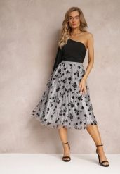 Szara Spódnica Midi Tiulowa z Welurowymi Kwiatami i Gumką w Talii Zihrosa. Szare spódnice damskie Renee, bez wzorów, z tiulu, midi. Za 69.99 zł.