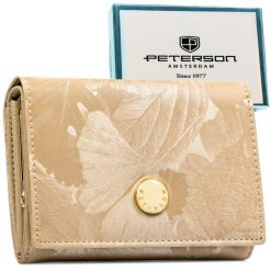 Beżowy portfel damski ze skóry naturalnej i ekologicznej z systemem RFID Peterson PTN PS445-MLF. Brązowe portfele damskie Peterson, z aplikacjami, ze skóry. Za 89.99 zł.