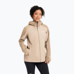 Kurtka przeciwdeszczowa damska Jack Wolfskin Wildbound 2L. Brązowe kurtki damskie Jack Wolfskin, l, bez wzorów, z materiału, bez kaptura. Za 569.99 zł.