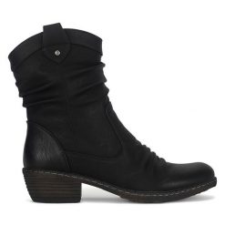 Kowbojki Rieker. Czarne botki damskie Rieker, bez obcasa, na słupku, bez zapięcia. Za 379.99 zł.