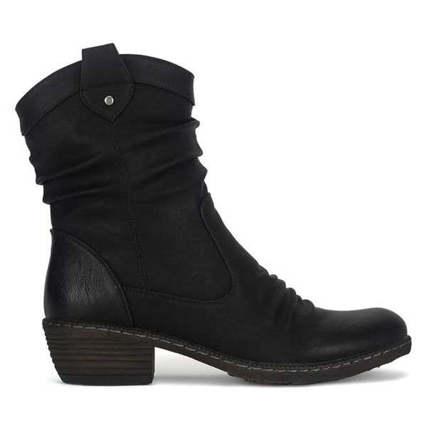 Kowbojki Rieker. Czarne botki damskie Rieker, bez obcasa, na słupku, bez zapięcia. Za 379.99 zł.