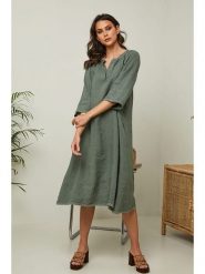 Joséfine Lniana sukienka "Granael" w kolorze oliwkowym rozmiar: S. Brązowe sukienki damskie Joséfine, bez wzorów, ze lnu, bez ramiączek. Za 195.99 zł.