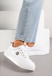 Białe Sneakersy na Platformie ze Skóry Naturalnej z Metaliczną Ozdobą Dolennea. Białe obuwie sportowe damskie Renee, z jeansu, bez zapięcia. Za 169.99 zł.