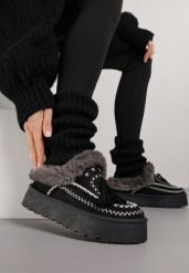 Czarne Śniegowce na Grubej Podeszwie z Haftem i Futerkiem Ezilune. Czarne śniegowce damskie Born2be, z jeansu. Za 99.99 zł.