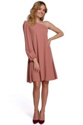 Luźna Sukienka na Jedno Ramię - Różowa. Czerwone sukienki damskie MOE, bez wzorów, z elastanu, wizytowe, bez ramiączek. Za 273.90 zł.