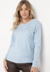 Jasnoniebieski Sweter z Koronkowymi Wstawkami z Bawełną Deriera. Niebieskie swetry klasyczne damskie Born2be, m, z bawełny, bez kołnierzyka. Za 64.99 zł.