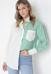 Zielono-Biała Koszula w Paski z Kołnierzem Aeshoma. Białe koszule damskie Born2be, m, bez wzorów, z materiału, eleganckie, bez kołnierzyka, bez ramiączek. Za 84.99 zł.