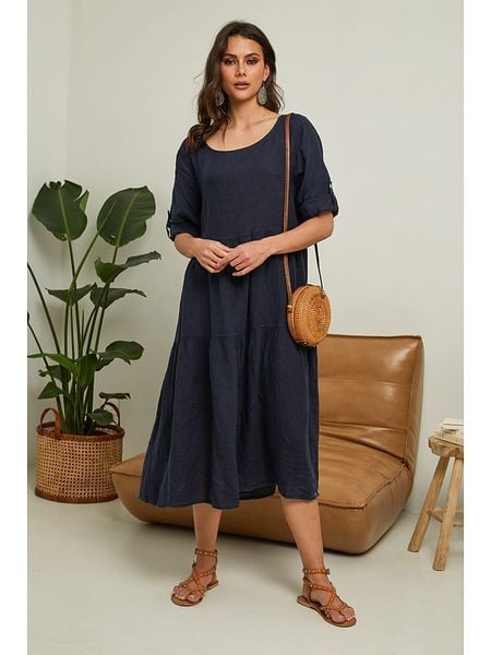 Fleur de Lin Lniana sukienka "Lantana" w kolorze granatowym rozmiar: XXL. Niebieskie sukienki damskie Fleur de Lin, bez wzorów, ze lnu, bez ramiączek. Za 162.11 zł.