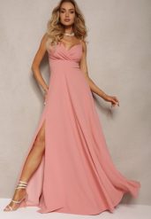 Ciemnoróżowa Elegancka Sukienka o Rozkloszowanym Kroju z Rozcięciem na Ramiączkach z Kopertowym Dekoltem Winelia. Czerwone sukienki damskie Renee, bez wzorów, eleganckie, bez ramiączek. W wyprzedaży za 183.99 zł.