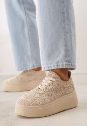 Beżowe Sneakersy z Plecionki na Grubej Podeszwie w Stylu Boho Dacara. Brązowe obuwie sportowe damskie Born2be, z jeansu, bez zapięcia. Za 119.99 zł.