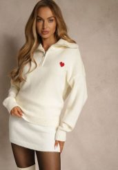 Biały Sweter z Wełną Wiskozą i Bawełną z Sercem Monisella. Białe swetry klasyczne damskie Renee, m, z bawełny, bez kołnierzyka. Za 129.99 zł.