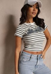 Niebiesko-Biały Bawełniany T-shirt w Paski Ozdobiony Napisem na Naszywce z Jeansu Eviola. Niebieskie t-shirty damskie Renee, m, z aplikacjami, z bawełny, bez kołnierzyka. Za 49.99 zł.