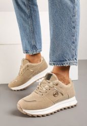 Ciemnobeżowe Sneakersy na Płaskiej Podeszwie z Metaliczną Ozdobą i Ociepleniem Solirra. Brązowe obuwie sportowe damskie Renee, z jeansu, bez zapięcia. Za 109.99 zł.