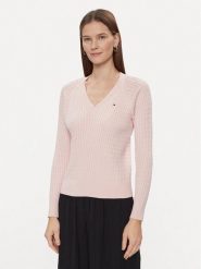 Tommy Hilfiger Sweter Co Cable V-Nk Sweater WW0WW40674 Różowy Regular Fit. Czerwone swetry klasyczne damskie Tommy Hilfiger, l, z bawełny, bez kołnierzyka. Za 539.99 zł.