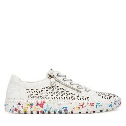 Półbuty Rieker. Białe półbuty damskie Rieker, bez wzorów, bez obcasa, na płaskiej podeszwie, bez zapięcia. Za 239.99 zł.