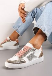 Złote Sneakersy z Brokatowymi Wstawkami i Gwiazdką Reniva. Białe obuwie sportowe damskie Renee, bez zapięcia. Za 74.99 zł.