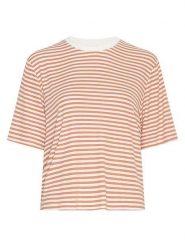 MOSS COPENHAGEN Koszulka w kolorze karmelowo-białym rozmiar: S/M. Brązowe bluzki damskie Moss Copenhagen, m, bez wzorów, bez kołnierzyka, bez ramiączek. Za 139.95 zł.
