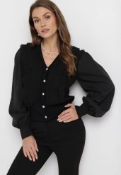 Czarna Bluzka na Biżuteryjne Guziki z Luźnymi Rękawami Kristille. Czarne bluzki damskie Born2be, bez wzorów, bez kołnierzyka, bez ramiączek. Za 129.99 zł.