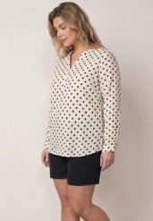 Biała Koszula z Wiskozy w Kropki z Metaliczną Nitką Ereis. Białe koszule damskie Born2be, l, bez wzorów, z wiskozy, eleganckie, bez kołnierzyka, plus size, bez ramiączek. Za 99.99 zł.