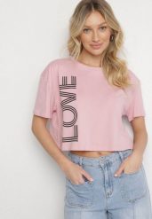 Różowy Krótki Bawełniany T-shirt z Napisem Sannirra. Czerwone t-shirty damskie Born2be, m, bez wzorów, z bawełny, bez kołnierzyka. Za 34.99 zł.