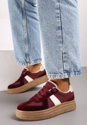 Bordowe Sneakersy na Niskiej Platformie z Materiałowymi Wstawkami Xeonbia. Czerwone obuwie sportowe damskie Born2be, z materiału, bez zapięcia. Za 109.99 zł.
