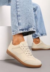 Beżowe Sneakersy z Ozdobnymi Przeszyciami przed Kostkę Redala. Brązowe obuwie sportowe damskie Renee, przed kostkę, bez zapięcia. Za 59.99 zł.