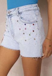 Niebieskie Szorty z Jeansu z Wysokim Stanem Zdobione Perełkami i Cyrkoniami Prescota. Niebieskie szorty damskie Renee, z aplikacjami, z jeansu, z podwyższonym stanem. Za 74.99 zł.