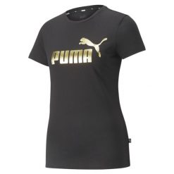 Damska koszulka z metalicznym logo Essentials+ PUMA Black Gold Foil. Czarne koszulki damskie Puma, s, bez wzorów, bez kołnierzyka, bez ramiączek. Za 136.00 zł.