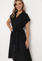 Czarna Koszulowa Sukienka na Guziki z Materiałowym Paskiem w Talii Qisofia. Czarne sukienki damskie Born2be, bez wzorów, z materiału, eleganckie, bez ramiączek. W wyprzedaży za 118.99 zł.