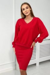 Komplet bluzka + sukienka prążkowana czerwony. Czerwone sukienki damskie KESI, bez wzorów, z bawełny, eleganckie, bez ramiączek. Za 292.73 zł.