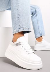 Biało-Szare Sznurowane Sneakersy na Platformie z Aplikacją przy Sznurówkach Khirlie. Białe obuwie sportowe damskie Renee, bez zapięcia. Za 74.99 zł.