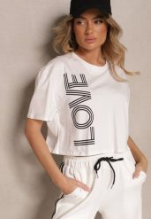 Biały T-shirt z Bawełny o Krótkim Kroju Ozdobiony Napisem Sannovia. Białe t-shirty damskie Renee, m, bez wzorów, z bawełny, bez kołnierzyka. Za 39.99 zł.