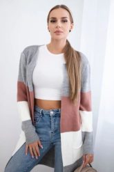 Sweter Kardigan w pasy szary+ciemno różowy. Czerwone kardigany damskie KESI, l, bez wzorów, z wełny. Za 178.78 zł.
