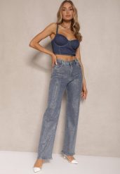 Niebieskie Jeansy Szerokie z Wiskozą i Bawełną High Waist Ozdobione Cyrkoniami Ellione. Niebieskie jeansy damskie Renee, z aplikacjami, z bawełny. Za 199.99 zł.