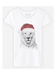 WOOOP Koszulka "Santa Lion" w kolorze białym rozmiar: L. Białe koszulki damskie Wooop, l, bez wzorów, z bawełny, bez kołnierzyka, bez ramiączek. Za 43.99 zł.
