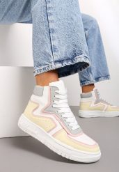 Biało-Żółte Sneakersy na Grubej Podeszwie za Kostkę z Ozdobnymi Przeszyciami Targia. Białe obuwie sportowe damskie Born2be, z materiału, za kostkę, bez zapięcia. Za 49.99 zł.