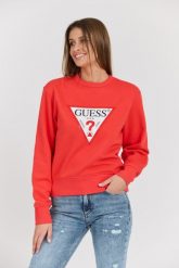 GUESS Czerwona damska bluza z dużym logo Original Fleece. Czerwone bluzy damskie Guess, s, z aplikacjami, z bawełny, bez kaptura. W wyprzedaży za 251.99 zł.